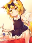  1girl :&lt; animal_ears barefoot black_dress blonde_hair bow crr_w9kd dress eraser feet fox_ears holding legs original pencil ribbon short_hair sitting sketchbook sleeveless sleeveless_dress solo spread_legs tail toe_hold toes yellow_eyes 