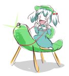  &gt;:d :d cucumber excited highres horseback_riding kawashiro_nitori mount open_mouth peroponesosu. reigns riding smile sparkle touhou white_background 