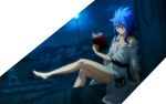  1girl bare_shoulders barefoot blue_hair book breasts cleavage fairy_tail highres japanese_clothes levy_mcgarden open_book open_clothes reading screencap stitched yukata 