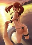  1boy 1girl absurdres anjou_naruko ano_hi_mita_hana_no_namae_wo_bokutachi_wa_mada_shiranai. ass back bare_back beach bikini blush breasts brown_eyes brown_hair clouds erect_nipples evening from_behind garters hand_holding happy highres innertube leg_garter legs long_hair looking_back ocean open_mouth panties pov pov_eye_contact revision sawaragi sky smile standing sun sunset swimsuit thighs thong thong_bikini twintails underwear wading water 