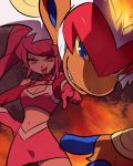  00s 1girl breasts cano_(pokemon) cleavage devanohundosi evil_smile fire gloves grin infernape looking_at_viewer midriff navel pink_eyes pink_gloves pink_hair pink_skirt pixiv_manga_sample pointing pointing_at_viewer pokemon pokemon_(game) pokemon_ranger pokemon_ranger_vatonage skirt smile 