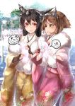  2girls :t alternate_costume black_hair blush breasts brown_hair fingerless_gloves gloves green_eyes headgear japanese_clothes kantai_collection kyara36 long_hair looking_at_viewer multiple_girls mutsu_(kantai_collection) nagato_(kantai_collection) new_year red_eyes short_hair smile translated tree white_gloves 