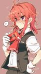  1girl ahoge arashi_(kantai_collection) blush box commentary_request dated embarrassed food fujii_jun gloves hand_on_hip kantai_collection looking_away pocky pocky_day redhead school_uniform solo spoken_blush upper_body vest violet_eyes 