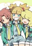  00s 1boy 2girls :d belt black_gloves blonde_hair blue_shirt brown_eyes brown_hair closed_eyes curly_hair devanohundosi fingerless_gloves gloves green_eyes green_jacket grin group_hug hitomi_(pokemon) hug jacket long_hair looking_at_viewer messy_hair multiple_girls necktie open_mouth orange_hair pixiv_manga_sample pokemon pokemon_(game) pokemon_ranger pokemon_ranger_vatonage redhead rhythmi_(pokemon) school_uniform shirt short_hair short_twintails shorts simple_background smile spiky_hair twintails 