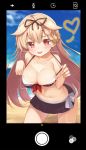  1girl bangs bare_shoulders beach bikini bikini_skirt black_bikini black_ribbon black_skirt blonde_hair blue_sky blush braid breasts cellphone cellphone_camera cleavage clouds collarbone commentary_request day front-tie_top hair_flaps hair_ornament hair_ribbon hairclip highres kantai_collection kneeling large_breasts leaning_forward long_hair looking_at_viewer messy_hair naughty_face navel ocean outdoors phone pleated_skirt red_eyes ribbon rokuroku_(xd_p) single_braid skirt sky smile solo strap_pull swimsuit tongue tongue_out water yuudachi_(kantai_collection) 