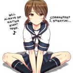  1girl black_legwear blouse blue_skirt blush brown_eyes brown_hair butterfly_sitting hard_translated ichikawa_feesu kantai_collection kneehighs looking_at_viewer low_twintails neckerchief pleated_skirt sailor_collar school_uniform serafuku shirayuki_(kantai_collection) short_twintails simple_background skirt smile solo talking_to_viewer translated twintails white_background 