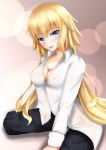  1girl absurdres blonde_hair blue_eyes blush breasts cleavage fate/grand_order fate_(series) highres kneeling long_hair looking_at_viewer open_mouth rai_(newtype_xm-x1) ruler_(fate/apocrypha) shirt smile solo white_shirt 