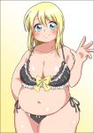  1girl aqua_eyes belly blonde_hair blush breasts cleavage hakuto large_breasts long_hair looking_at_viewer navel original plump smile solo standing swimsuit thick_thighs 