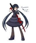  1girl black_hair female gloves gothic_lolita headdress high_heels lolita_fashion long_hair looking_at_viewer murai_shinobu oneechanbara saki_(oneechanbara) solo sword thigh-highs translation_request twintails weapon yellow_eyes 