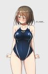  &gt;:( 1girl angry annoyed bare_shoulders blue_eyes blush breasts brown_hair competition_swimsuit covered_navel curvy female hair_ornament highres kantai_collection large_breasts maya_(kantai_collection) one-piece_swimsuit short_hair solo soukou_makura standing swimsuit translated wide_hips 