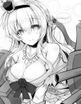  1girl ai_takurou braid breasts cannon cleavage crown dress engrish french_braid greyscale hairband jewelry kantai_collection long_hair looking_at_viewer machinery medium_breasts mini_crown monochrome necklace off-shoulder_dress off_shoulder parted_lips ranguage ribbon smile throne warspite_(kantai_collection) 