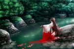  1girl blood bloody_clothes brown_hair bush fish forest hime_cut japanese_clothes kimono kneeling koi long_hair miyumon moss nature original outstretched_arm plant river rock very_long_hair water watermark web_address 