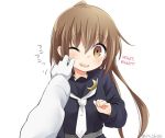  1girl admiral_(kantai_collection) black_serafuku brown_eyes brown_hair cheek_pinching crescent fumizuki_(kantai_collection) gloves hard_translated high_ponytail ica kantai_collection looking_at_viewer neckerchief one_eye_closed open_mouth pinching pov sailor_collar school_uniform serafuku simple_background talking_to_viewer translated twitter_username upper_body white_background white_gloves 