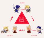  1girl 2boys ahoge archer armor blonde_hair blue_hair bow chibi closed_eyes eating fate/grand_order fate_(series) food gameplay_mechanics green_eyes lancer misuko_(sbelolt) multiple_boys one_eye_closed open_mouth pocky ribbon saber short_hair triangle white_hair 