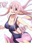  1girl blue_eyes breasts cleavage drill_hair head_fins highres long_hair looking_at_viewer medium_breasts mermaid meroune_lorelei misopetha-menos monster_girl monster_musume_no_iru_nichijou one-piece_swimsuit open_mouth pink_hair smile solo swimsuit twin_drills 