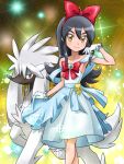  alouette_(pokemon) armelle_(pokemon) black_hair blue_dress dress furfrou gloves idol jewelry key long_hair performance pokemoa pokemon pokemon_(anime) pokemon_performer ribbon smile tagme white_gloves yellow_eyes 