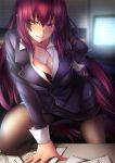  1girl breasts cleavage desk fate/grand_order fate_(series) formal highres jewelry large_breasts long_hair looking_at_viewer mia_(gute-nacht-07) necklace office_lady pantyhose paper pencil_skirt purple_hair red_eyes scathach_(fate/grand_order) skirt skirt_suit skyline smile solo suit 