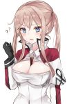  1girl ? between_breasts blonde_hair blue_eyes blush capelet chiune_(yachi) cleavage_cutout commentary_request food gloves graf_zeppelin_(kantai_collection) kantai_collection pocky pocky_day sidelocks solo twintails upper_body white_background wince 