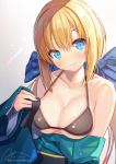  1girl at-yui bare_shoulders bikini bikini_top black_bikini blonde_hair blue_bow blue_eyes blush bow breasts cleavage collarbone head_tilt japanese_clothes kimono large_breasts long_hair looking_at_viewer obi off_shoulder original sash signature smile solo swimsuit swimsuit_under_clothes twitter_username upper_body wide_sleeves 
