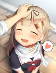  1girl :d admiral_(kantai_collection) black_shirt blonde_hair blurry blurry_background blush closed_eyes depth_of_field eyebrows eyebrows_visible_through_hair hair_flaps hair_ornament hair_tie hairclip hands_together heart indoors kantai_collection long_hair looking_up maku_ro necktie open_mouth petting remodel_(kantai_collection) scarf shirt short_sleeves smile spoken_heart tiles white_shirt yuudachi_(kantai_collection) 