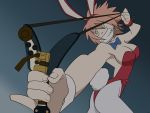  00s 1girl bare_shoulders breasts bunnysuit cleavage flcl green_eyes guitar haruhara_haruko instrument redhead smile solo standing 