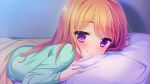  1girl bed blush brown_hair game_cg highres mango_purin nakaoka_chimachi pajamas solo violet_eyes zannen_na_oretachi_no_seishun_jijou. 