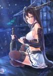  bare_shoulders black_hair bottle breasts elbow_gloves gloves hair_between_eyes headgear kantai_collection kyara36 large_breasts long_hair looking_at_viewer looking_to_the_side midriff nagato_(kantai_collection) night red_eyes sakazuki sake_bottle sitting skirt smile 