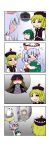  &gt;_&lt; 3girls 4koma =_= absurdres angry animal_ears blonde_hair closed_eyes comic dog_ears exorcism flying_sweatdrops giving_up_the_ghost gradient_hair green_hair hat highres hijiri_byakuren kasodani_kyouko lavender_hair long_hair lunasa_prismriver merlin_prismriver multicolored_hair multiple_girls open_mouth rakugaki-biyori scroll shaded_face short_hair silent_comic spoken_object sweat sweatdrop tears temple touhou 