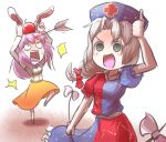  &gt;:d :d apple apple_on_head arrow arrow_in_head blood bow crazy_smile food fruit headshot highres looking_at_viewer open_mouth panicking peroponesosu. reisen_udongein_inaba smile square_mouth thumbs_up touhou white_background yagokoro_eirin 
