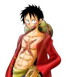  1boy black_hair hand_on_hip hat headwear_removed male_focus monkey_d_luffy one_piece open_clothes open_shirt red_shirt sash scar shirt simple_background smile solo straw_hat tongue tongue_out 