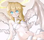  1girl angel angel_wings blonde_hair blue_eyes breasts cleavage female halo hashimoto_(soukidann2010) long_hair lucifina_(mon-musu_quest!) mon-musu_quest! navel no_panties smile solo spoilers wings 