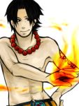  1boy fire freckles jewelry male_focus necklace one_piece portgas_d_ace tattoo topless 