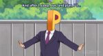  1boy abs animated animated_gif idolmaster lowres muscle necktie p-head_producer puchimasu! shirtless solo subtitled suit 