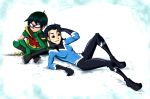  2boys aqua_lad black_hair bodysuit boots cape chin_rest dc_comics dick_grayson domino_mask garth gloves indian_style male_focus mask multiple_boys robin_(dc) sitting smile solid_eyes teen_titans wet 
