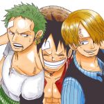  3boys abs black_hair blonde_hair cheek_press earrings green_hair hair_over_one_eye haramaki hat jewelry male_focus monkey_d_luffy multiple_boys one_piece open_clothes open_shirt pinstripe_pattern roronoa_zoro sanji shirt straw_hat t-shirt transparent_background trio vest waistcoat 