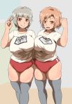  2girls arm_up breasts brown_eyes brown_hair crown495 large_breasts looking_at_viewer multiple_girls open_mouth original parted_lips plump short_hair silver_hair smile standing thick_thighs thigh-highs wide_hips 