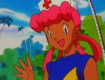  1girl animated animated_gif blown_kiss blush closed_eyes dark_skin hat heart joy_(pokemon) long_hair magikarp nurse_cap outdoors palm_tree pink_hair pokemon pokemon_(anime) tree 