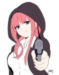  &gt;:( 1girl bangs black_hoodie blue_eyes blunt_bangs breasts da-cart frown go-toubun_no_hanayome gun head_tilt highres holding holding_gun holding_weapon hood hood_up hoodie large_breasts looking_at_viewer nakano_nino pink_hair pointing pointing_at_viewer ponytail shirt simple_background v-shaped_eyebrows weapon white_background white_shirt 
