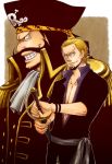 2boys blonde_hair brown_hair facial_hair glasses goatee gol_d._roger hat male_focus multiple_boys mustache one_piece pirate sash silvers_rayleigh smile sword weapon younger