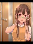  1girl :p bespectacled blush brown_eyes brown_hair glasses idolmaster idolmaster_cinderella_girls letterboxed long_hair looking_at_viewer mizumoto_yukari solo sweater_vest tongue tongue_out toufuu 