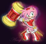  1girl amy_rose boots bracelet dress female green_eyes hammer happy headband jewelry open_mouth pink_hair sega smile solo sonic_the_hedgehog tail 