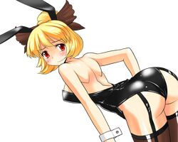  1girl alternate_costume animal_ears ass bent_over black_legwear blonde_hair breasts bunnysuit embarrassed from_behind garter_straps hair_ribbon hairband kurodani_yamame leaning_forward leotard looking_at_viewer mono_(moiky) rabbit_ears red_eyes ribbon short_hair solo thigh-highs thighs touhou transparent_background wavy_mouth 