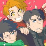  3boys bart_allen black_hair blue_eyes bodysuit brown_hair cape dc_comics earrings fingerless_gloves gloves impulse jacket jewelry male_focus multiple_boys robin_(dc) simple_background superboy tim_drake yellow_eyes young_justice 