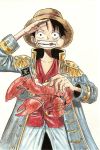  1boy eating food hat lobster male_focus monkey_d_luffy one_piece solo straw_hat 