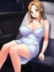  1girl blush breasts brown_eyes brown_hair car car_interior cleavage dress ground_vehicle highres huge_breasts legs long_hair looking_down motor_vehicle nightmare_express nude open_mouth sitting solo thighs 