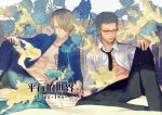  2boys abs blonde_hair blue_eyes closed_eyes flower glasses green_hair hair_over_one_eye highres multiple_boys necktie one_piece open_clothes open_shirt pixiv_id_4407132 roronoa_zoro sanji shirt sitting 