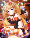  1girl bikini_top blonde_hair blue_eyes breasts cat cleavage halloween long_hair miyamae_porin solo star striped striped_legwear tattoo thigh-highs thong twintails very_long_hair wings 