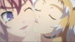  2girls animated animated_gif blonde_hair hyakka_ryouran_samurai_girls licking miyamoto_musashi_(hyakka_ryouran) multiple_girls pink_hair sarutobi_sasuke_(hyakka_ryouran) smile violet_eyes 