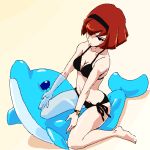  1girl aliasing android bangs beach bikini black_bikini bob_cut breasts cleavage dolphin hairband inflatable_dolphin inflatable_toy r_dorothy_wayneright redhead robot see-through side-tie_bikini simple_background solo straddling swimsuit the_big_o watch 