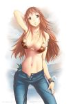  1girl arm_up armpits bare_shoulders breasts brown_eyes denim jeans long_hair looking_at_viewer nami_(one_piece) navel one_piece orange_hair pants solo tattoo 